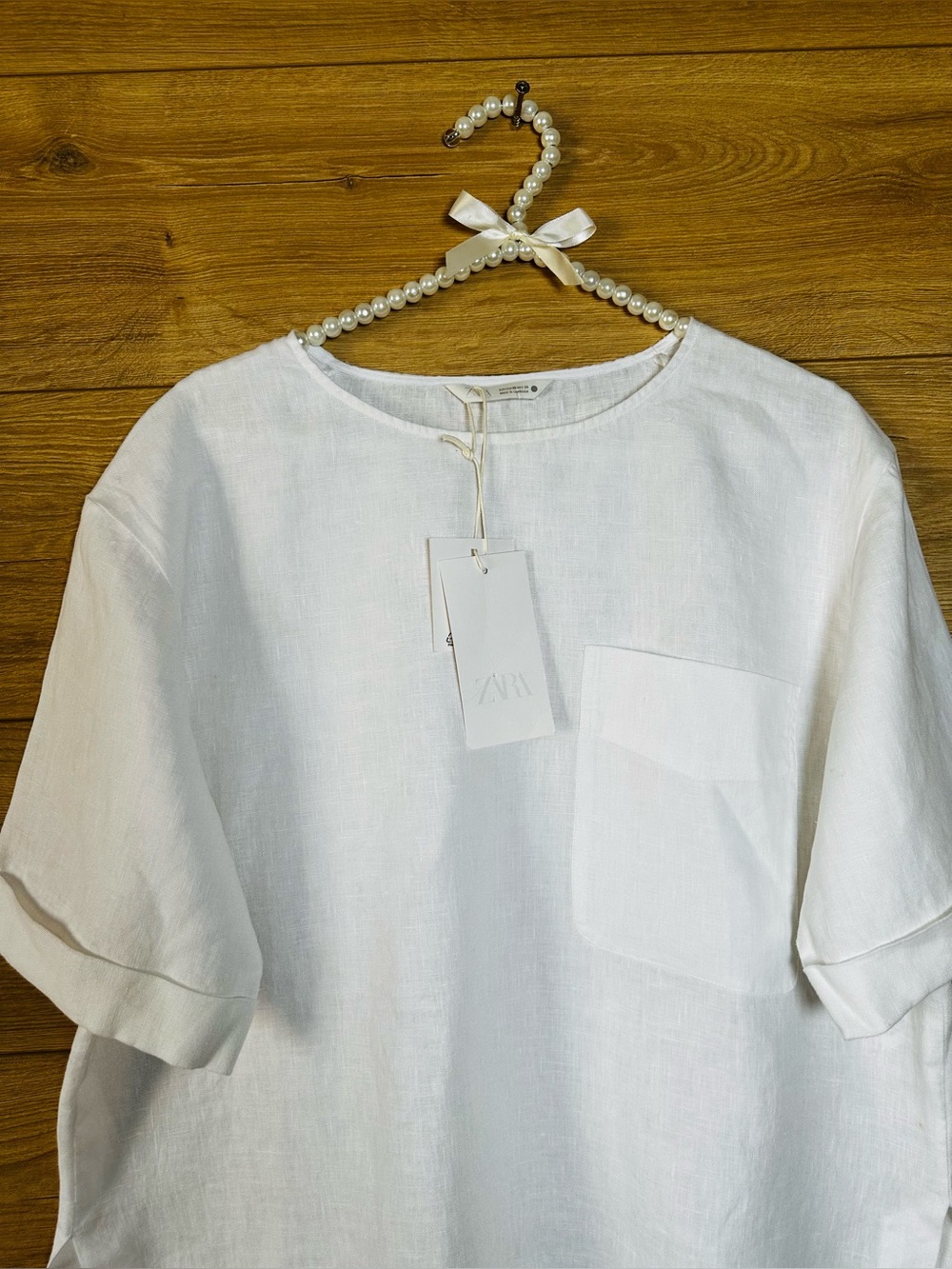 Zara White 100% Linen Short-Sleeve Pocket Tee - Picture 3 of 9